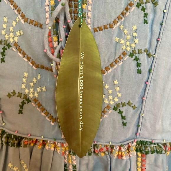 NEW FARM Rio Embroidered Pineapple Maxi Dress Beaded Tassel Linen Blue Size M - Picture 16 of 16